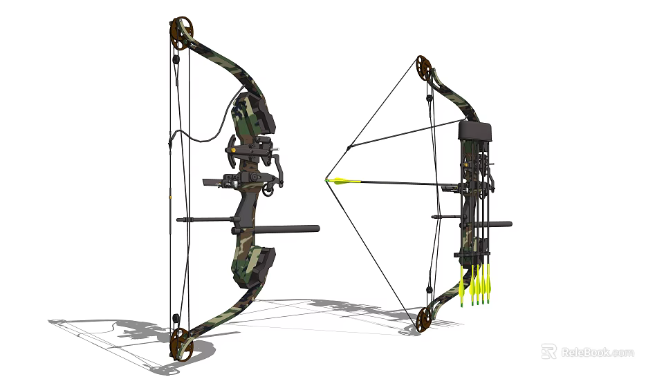 Detailed Compound Bow Weapon 3D Model With Arrows And Side Front Views 3d model 