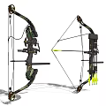 Detailed Compound Bow Weapon 3D Model With Arrows And Side Front Views