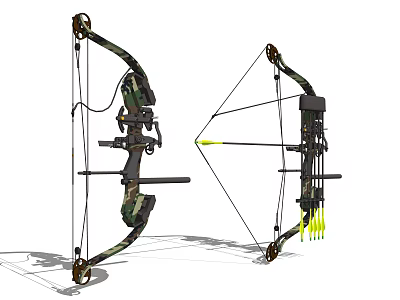 Detailed Compound Bow Weapon 3D Model With Arrows And Side Front Views 3d model