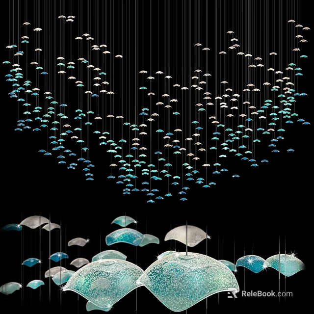Modern Blue Green Hanging Pendant Lights With Fish Umbrella Shapes In Black Background 3d model 
