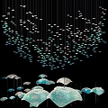 Modern Blue Green Hanging Pendant Lights With Fish Umbrella Shapes In Black Background