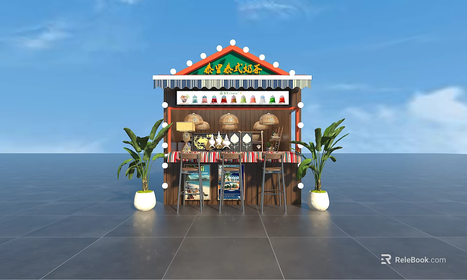 Modern Milk Tea Shop Stall With Red Roof Decorative Lanterns And Bar Stools 3d model 