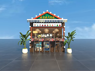Modern Milk Tea Shop Stall With Red Roof Decorative Lanterns And Bar Stools 3d model