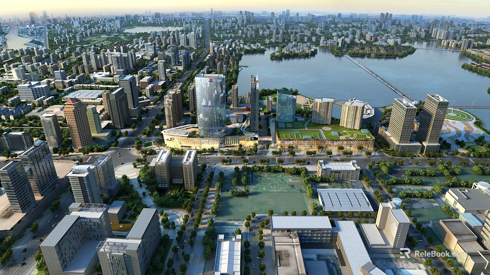 Aerial View Urban Planning with High Rise Buildings Lake Green Spaces And Roads 3d model 