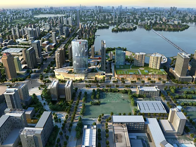 Aerial View Urban Planning with High Rise Buildings Lake Green Spaces And Roads 3d model