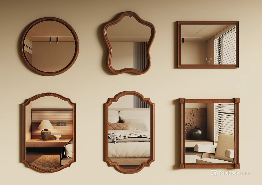 Six Wooden Mirrors With Various Shapes Including Round Irregular And Rectangular Reflecting Different Interior Scenes 3d model