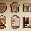 Six Wooden Mirrors With Various Shapes Including Round Irregular And Rectangular Reflecting Different Interior Scenes 3d model