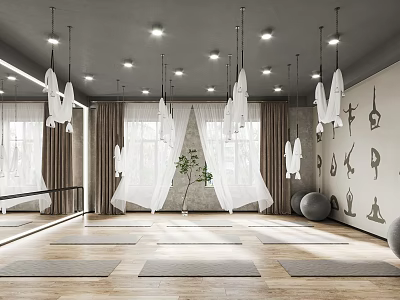 Bright Yoga Studio With Yoga Mats Hanging Clothes Yoga Pose Art And Fitness Balls 3d model