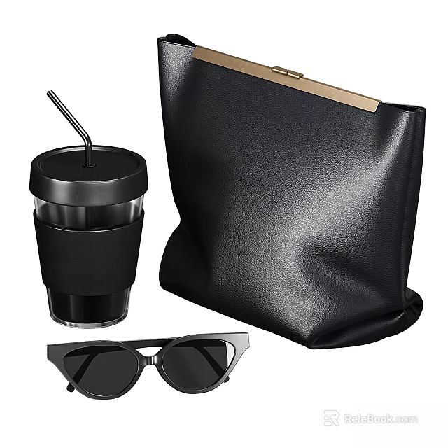 Black Accessory Set With Leather Bag Sunglasses And Insulated Cup With Gold Accent 3d model 