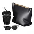 Black Accessory Set With Leather Bag Sunglasses And Insulated Cup With Gold Accent 3d model