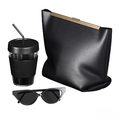 Black Accessory Set With Leather Bag Sunglasses And Insulated Cup With Gold Accent 3d model