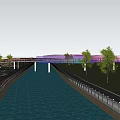 Colorful Winding Bridge Design With Green Grass Trees Over River And Road