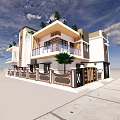 Modern Detached Villa Exterior Design With Balconies Green Plants And Decorative Column