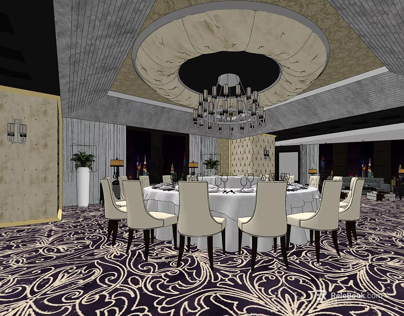 Elegant Private Dining Room With Round Table White Chairs Chandelier And Patterned Carpet 3d model