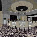 Elegant Private Dining Room With Round Table White Chairs Chandelier And Patterned Carpet 3d model