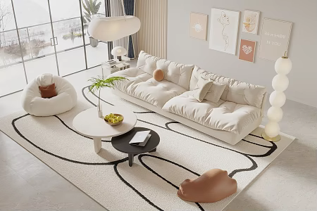 Modern Cream Style Sofa Coffee Table Combination Lazy Sofa Floor Lamp Hanging Picture Combination Art Cream Style Chandelier 3d model