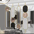 Elegant Gold Frame Room Divider With Various Shaped Marble Glass Panels In Modern Living Room