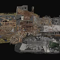Dilapidated Buildings With Collapsed Structures And Scattered Wooden Debris In Ruins