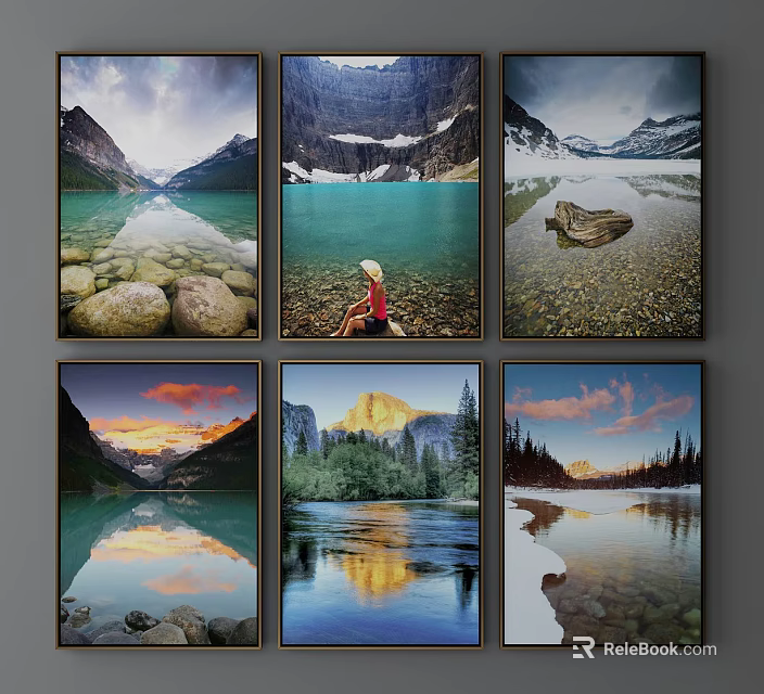 Six Panel Landscape Paintings With Mountain Lakes Sunset Reflections Forests And Rocks 3d model 