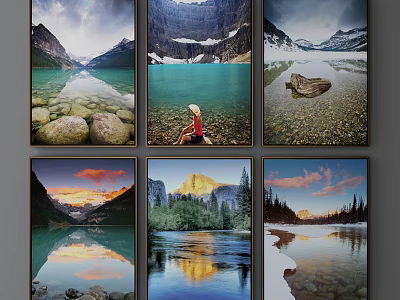 Six Panel Landscape Paintings With Mountain Lakes Sunset Reflections Forests And Rocks 3d model