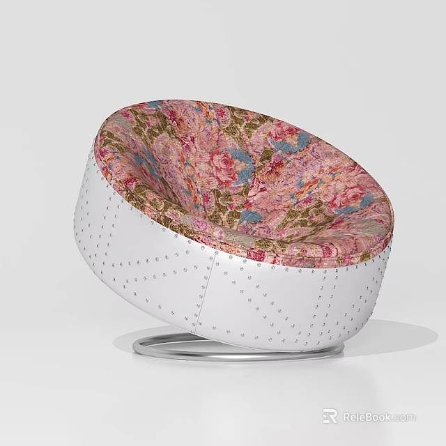 Floral Pattern Swivel Leisure Chair With White Rivet Detailing And Silver Base 3d model 