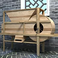 Traditional Wooden Agricultural Equipment with Inclined Feeding Hopper and Circular Component for Grain Sorting