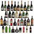 Various Wine Bottles And Glasses Collection With Different Brands And Colorful Labels