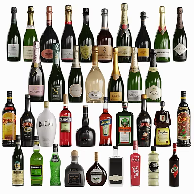 Various Wine Bottles And Glasses Collection With Different Brands And Colorful Labels 3d model