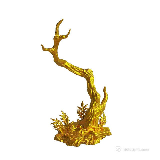 Golden Tree Sculpture With Curved Branches And Decorative Leaf Base 3d model 
