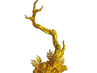 Golden Tree Sculpture With Curved Branches And Decorative Leaf Base 3d model