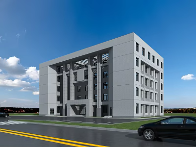 Modern Multi Storey Office Building With Gray Exterior Large Windows Lawn And Roadside Black Car 3d model