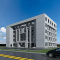 Modern Multi Storey Office Building With Gray Exterior Large Windows Lawn And Roadside Black Car