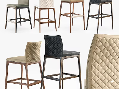 Stylish Modern Bar Stools With Quilted Fabric Seats And Woven Backrests On Wooden Frames 3d model