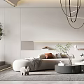 Modern Living Room Interior With Curved Sofa Minimalist Chandelier And Green Plant