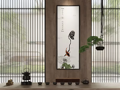 Traditional Tea Room Interior With Bamboo Screens And Lotus Scroll Painting 3d model