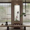 Traditional Tea Room Interior With Bamboo Screens And Lotus Scroll Painting