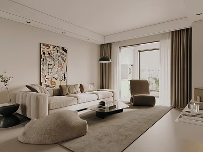 Modern Living and Dining Area Interior Design With Beige Sofa Coffee Table Artwork and Floor to Ceiling Window 3d model