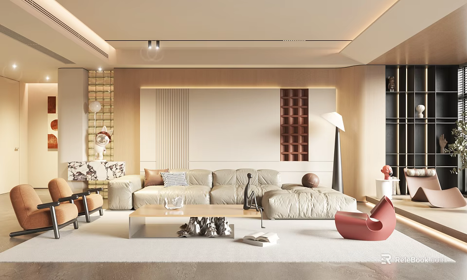 Modern Living And Dining Room Interior With Beige Sofa Red Accent Chair And Floor Lamp 3d model 