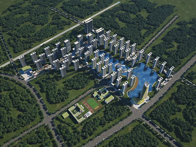 Urban Aerial Planning Featuring High Rise Buildings Central Water Lake and Surrounding Green Spaces 3d model
