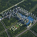 Urban Aerial Planning Featuring High Rise Buildings Central Water Lake and Surrounding Green Spaces