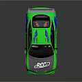 Green Modified Racing Car With Blue Orange Flame Decals Rear Spoiler SHAD Logo White Wheels