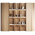 Modern Wooden Storage Shelf With Layered Design Built In Lighting And Decorative Items