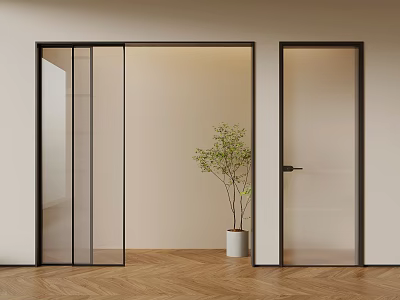 Modern Glass Sliding Doors in Interior with Wooden Floor and Potted Plant 3d model