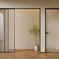 Modern Glass Sliding Doors in Interior with Wooden Floor and Potted Plant