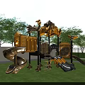 Outdoor Yellow Black Playground Equipment With Slides Climbing Structure Castle Design On Green Grass