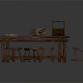 Rustic Wooden Table With Coiled Ropes Wooden Box And Two Stools 3d model