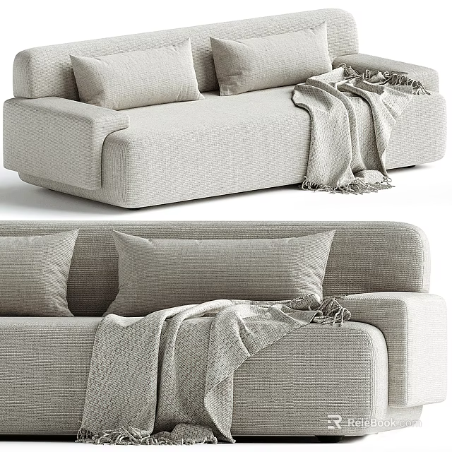 Cozy Light Colored Sectional Sofa With Plush Pillows And Soft Throw Blanket 3d model 