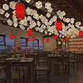Traditional Chinese Restaurant Interior With Wooden Ceiling Red Drums Wine Racks Counter And Chandeliers