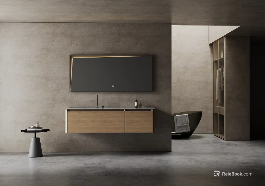 Minimalist Bathroom Interior With Wooden Washbasin Vanity And Gray Wall Mirror 3d model 