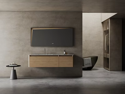 Minimalist Bathroom Interior With Wooden Washbasin Vanity And Gray Wall Mirror 3d model